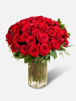 36 long-stem red roses arranged in a sleek vase, perfect for romantic occasions.