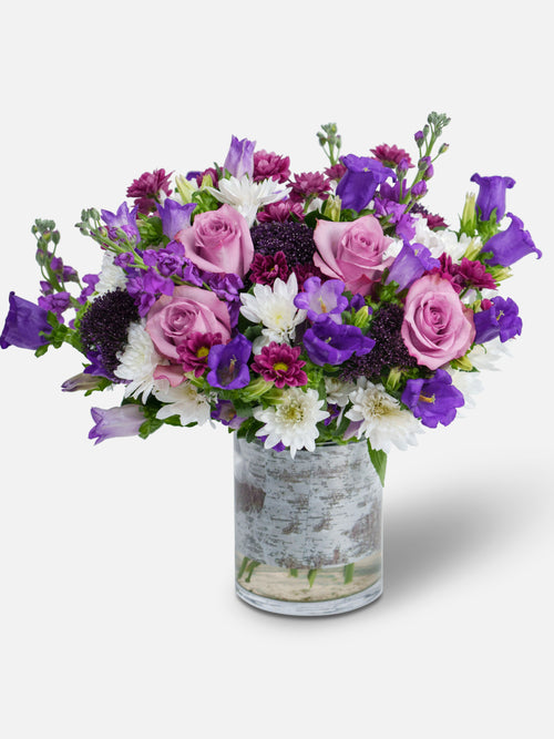 perfection bouquet with purple roses, daisy poms, and lavender stock in a vase.