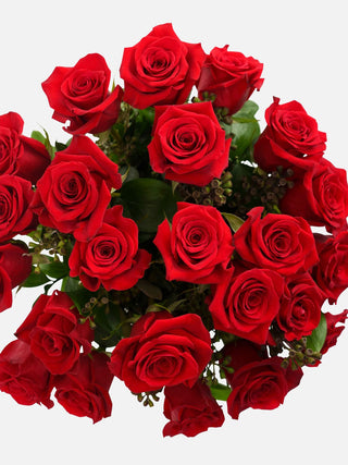 Two dozen premium red roses in a stylish vase, a timeless gift for anniversaries.